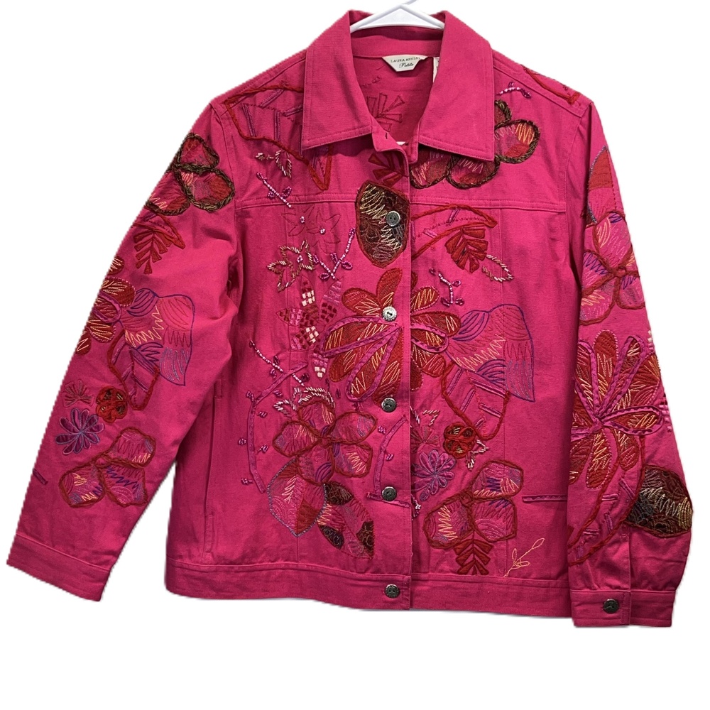 Laura Ashley Pink Cotton Embroidered‎ Romantic Floral Artsy Button Up Jacket PM